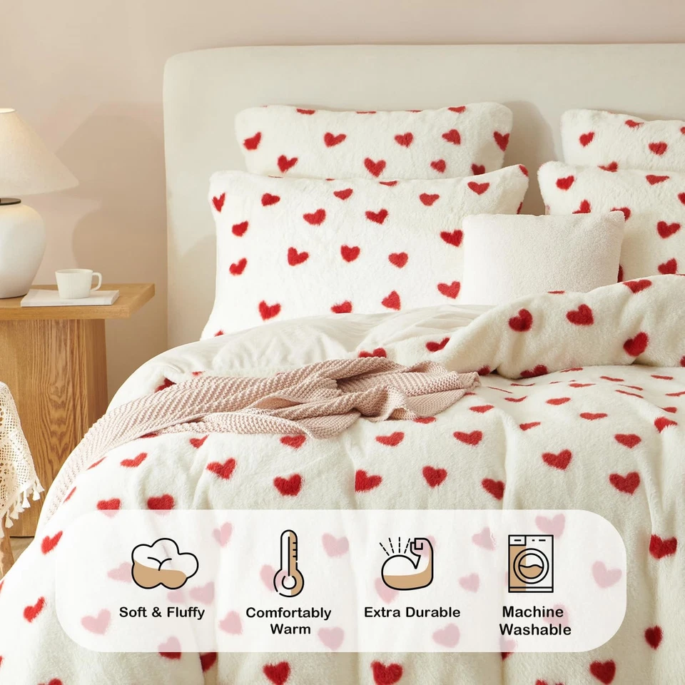 Conjunto de capa de edredom fofa tamanho duplo pele sintética veludo flanela coração vermelho impresso co... - Imagem 2 de 4