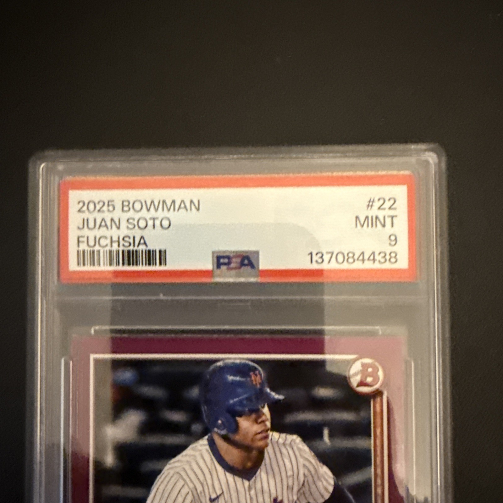 2025 Bowman - Juan Soto #22 Fuchsia /299 PSA 9 Mint view 3