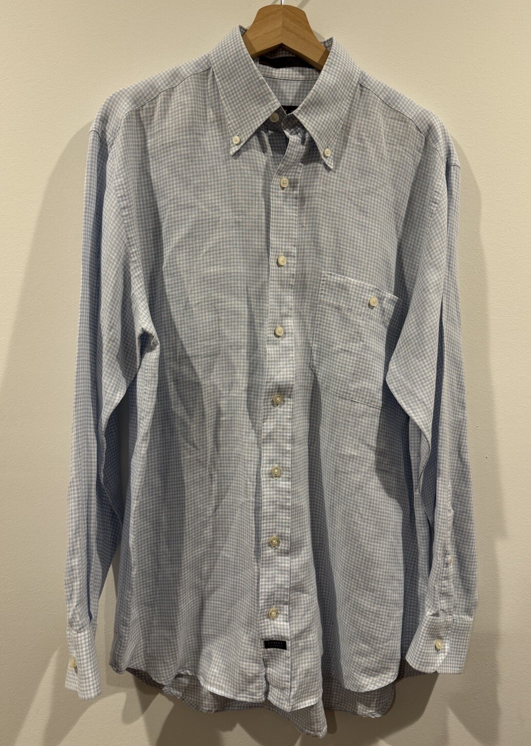 Robert Talbott Linen Blue Gingham Plaid Button Do… - image 1