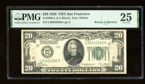 DBR 1928 $20 FRN San Francisco Numeral Fr. 2050-L PMG 25 Serial L00620389A