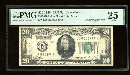 DBR 1928 $20 FRN San Francisco Numeral Fr. 2050-L PMG 25 Serial L00620389A - Afbeelding 1 van 2