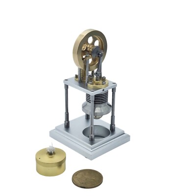 OKMO Micro Vertical Stirling Engine - Brass/Steel, 29mm Flywheel, Jin's Craft