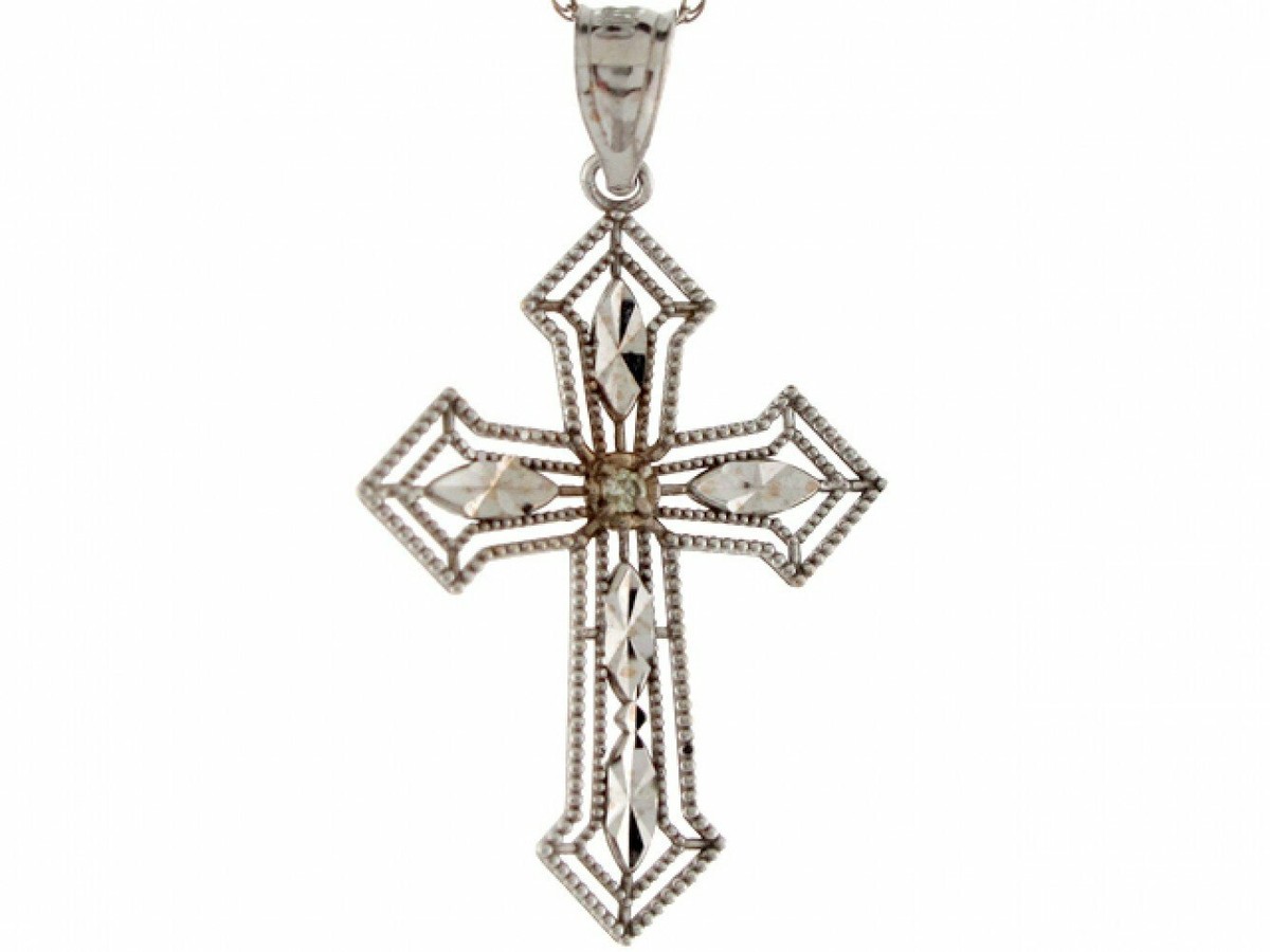 10k or 14k White Gold Three Tipped Beautiful Outline Diamond Cross - Main Image