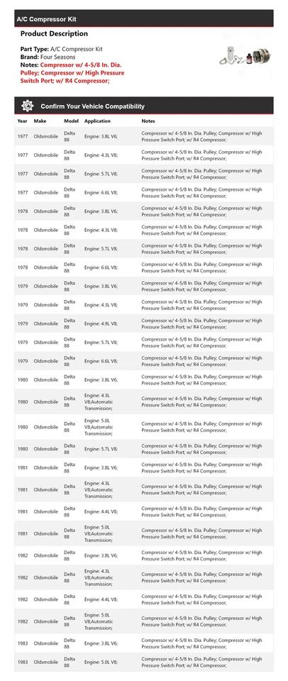 Kit compresor aire acondicionado Oldsmobile Delta 88 1977-1983 4 estaciones 1978 1979 1980 Foto 2 de 4