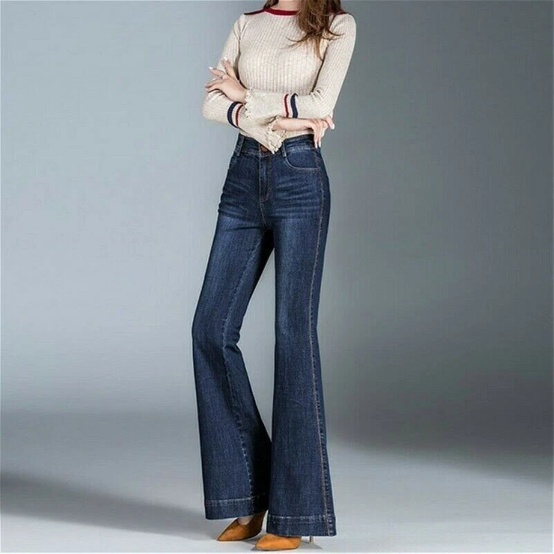 Women Flared Denim Pants Bell Bottom Jeans Vintage 60s 70s Wide Leg  Trousers