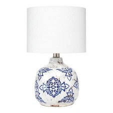 Eden Home Ceramic and Cotton Table Lamp in White/Blue Patterned