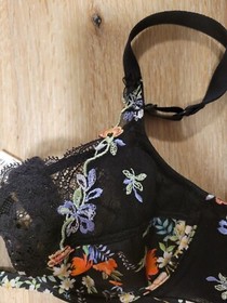 LISE CHARMEL Black Floral Underwire Bra in Red/White/Blue Sz 34D French Lingerie