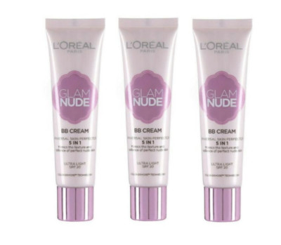 3 x L'OREAL GLAM NUDE BB CREAM 5 in 1 SKIN PERFECTOR - ULTRA LIGHT LSF 20 