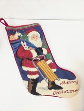 Vintage Wool Needlepoint Christmas Stocking Santa Chimney 16" Merry Christmas  