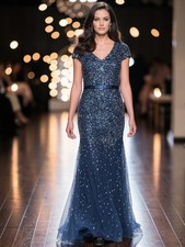ADRIANNA PAPELL Cap-Sleeve Embellished Formal Gown Dress 6 Navy Beaded sequins