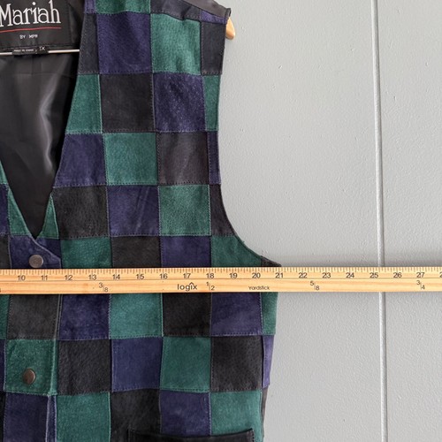 Gilet patchwork vintage en daim vert marine noir damier 1X Mariah par MPW - Photo 7/8