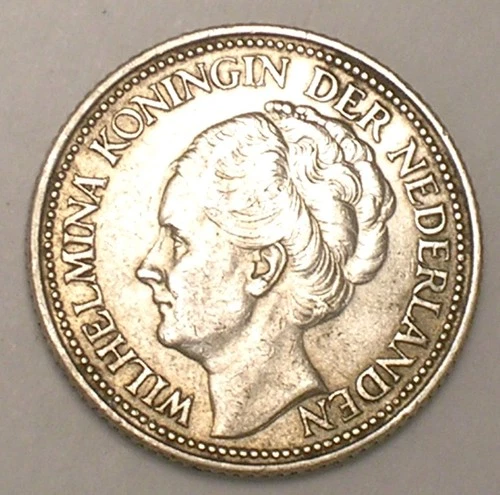 1928 Netherlands Dutch 25 Cents Wilhelmina I Arms Silver Coin XF