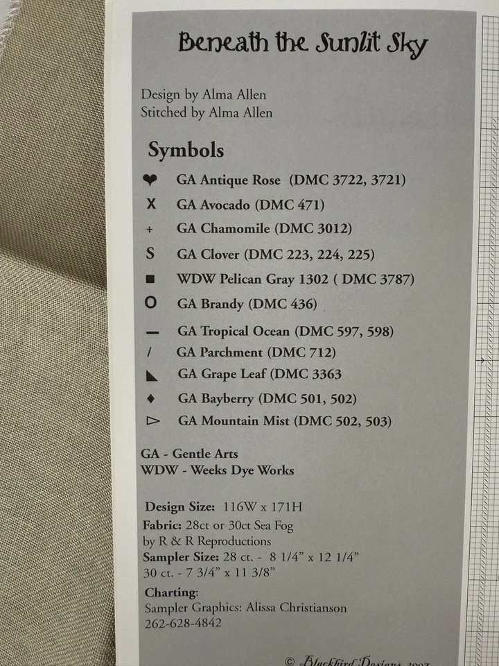 Patrón de punto de cruz Blackbird Designs DEBAJO DEL CIELO ILUMINADO POR EL SOL #26 y tela Foto 4 de 4