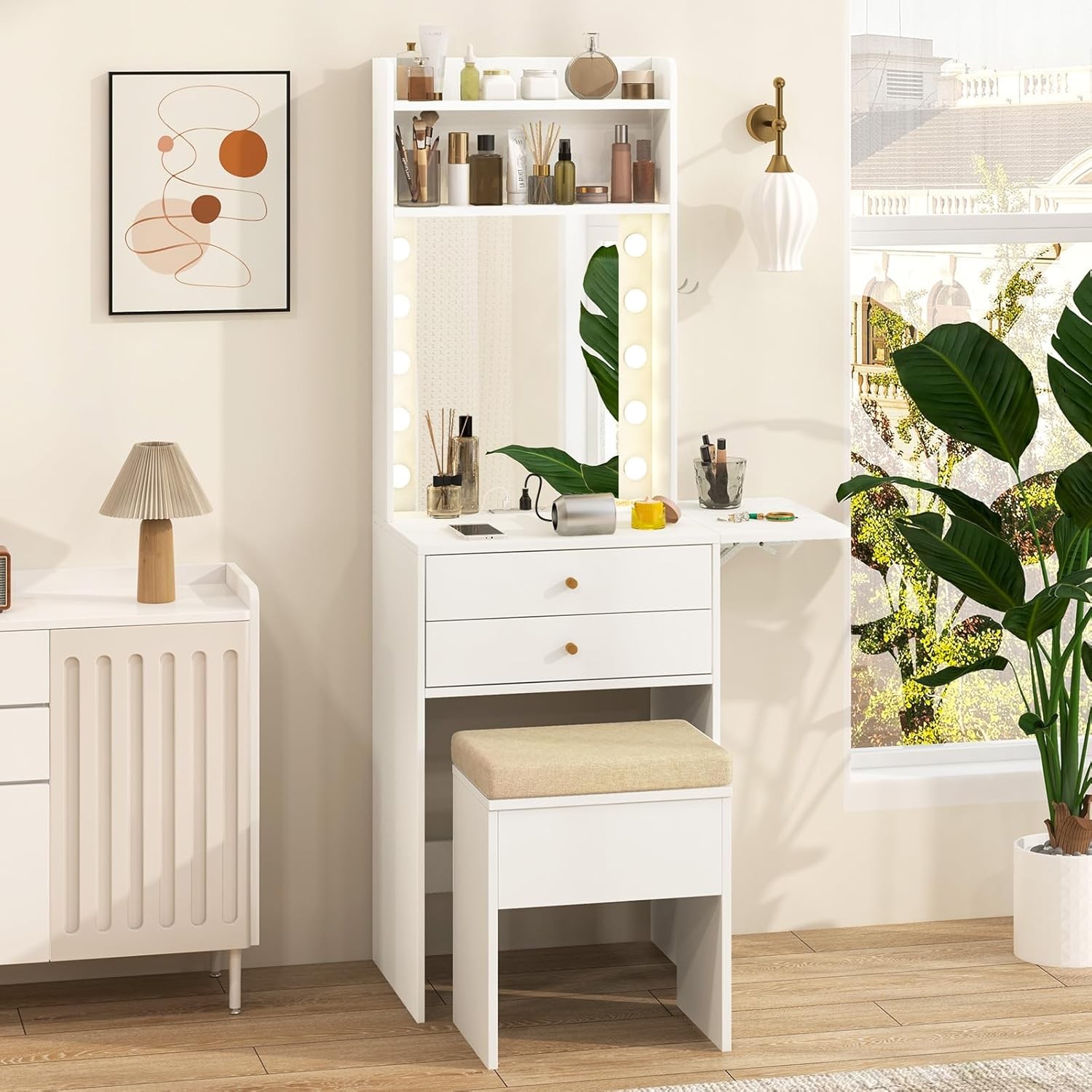 Small Modern Makeup Vanity Set with Mirror & Lights, Compact Beauty Desk