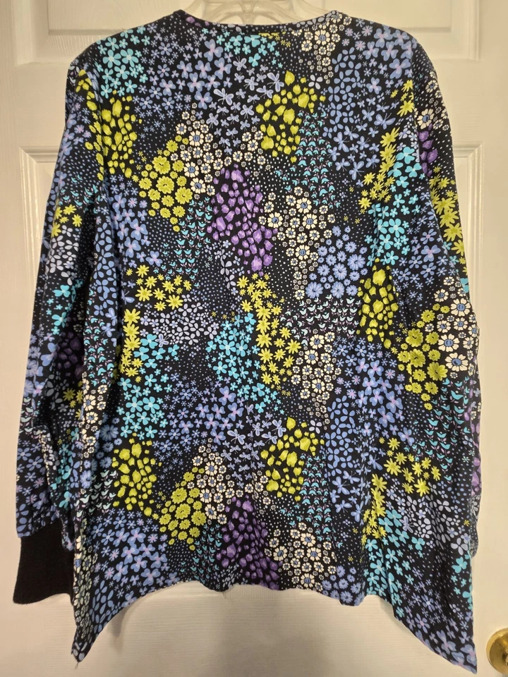 Cherokee scrub jacket Size S-Black/Blue/Lime Floral Snap-Up-Chest 22.5"/L 27.5" - Image 2 of 4
