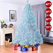 White Christmas Tree with Blue LED Lights 4/5/6/7FT Bushy Xmas Home Outdoor Tree