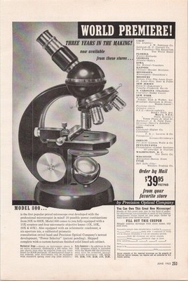 Vintage 1953 Precision Optical Model 800 Microscope Magazine Print Ad