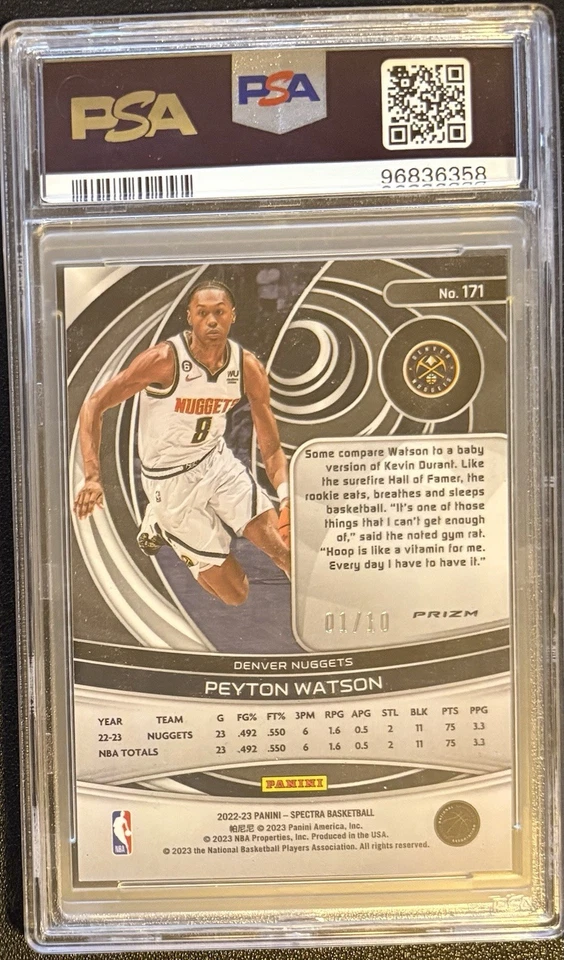 GOLD/10 2022-23 Panini Spectra #171 Peyton Watson Denver Nuggets RC PSA 9 - Image 2 of 2