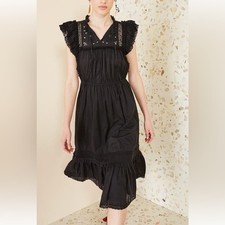 ULLA JOHNSON Elvina Embroidered Ruffled Lace Flutter Sleeves Midi Dress 0