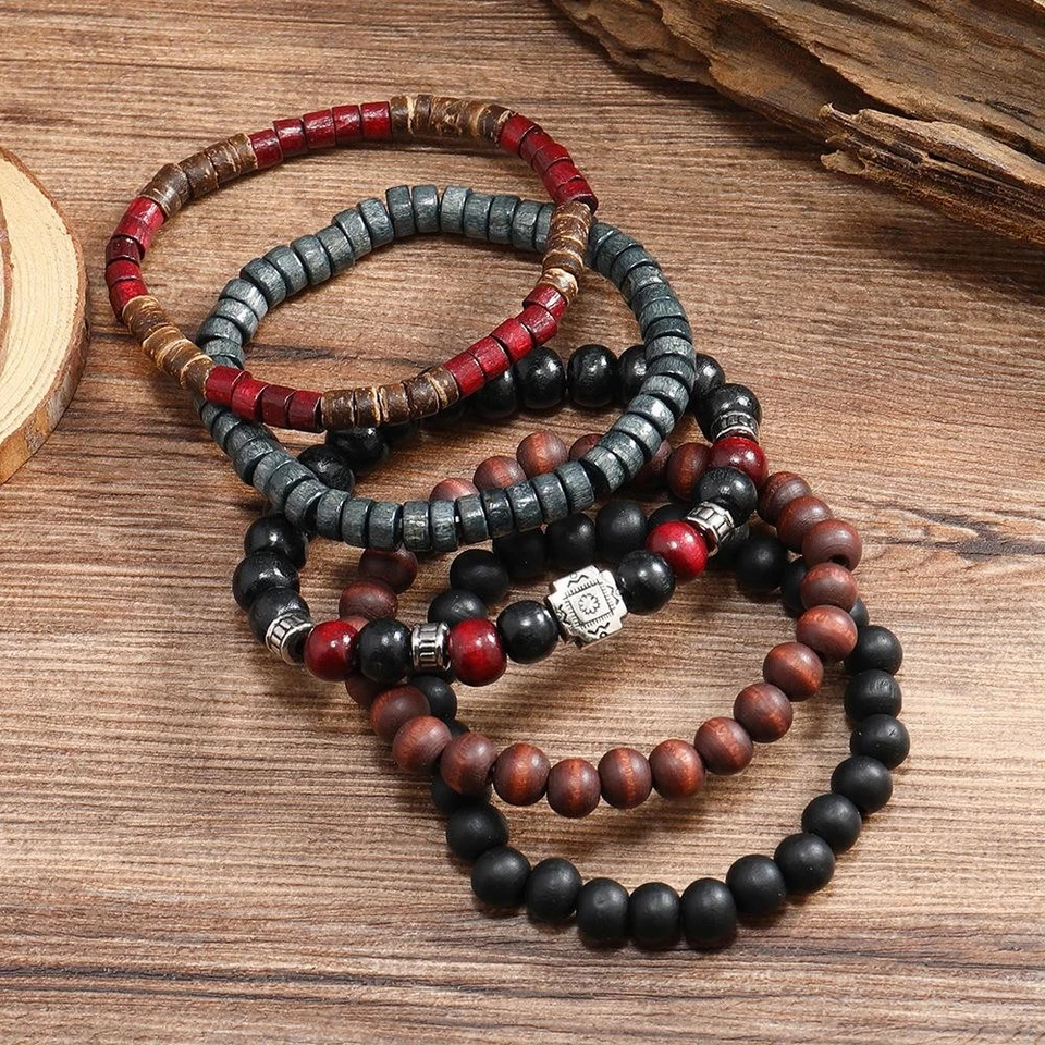 Men’s Retro Cross Bracelet Set, Black Wooden Beads & Coconut Shell Jewelry - Image 4 of 4