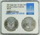 2021 $1 Silver Eagle 2-Coin Set NGC MS70 FDOI Ty 1 & Ty 2 Gem Coins C4732