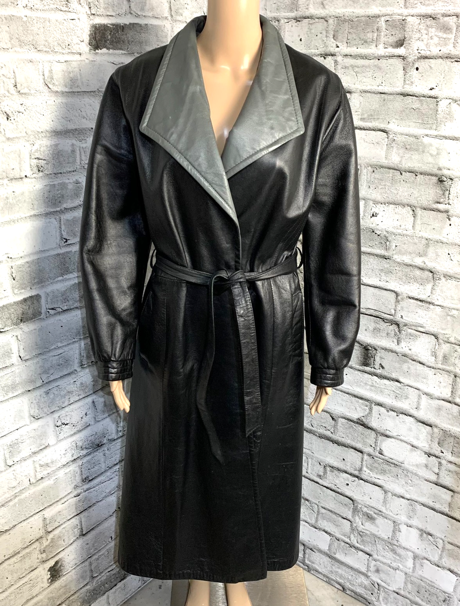 ジャケット・アウター vintage leather long trench coat Vintage Leather Long Trench Coat Overcoat S Black Belted Retro