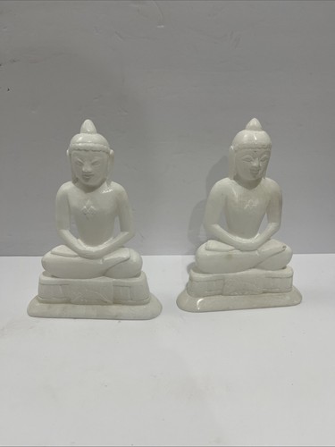 Set Of 2 Handmade White Stone Mahaveer Swami Statues Buddha 6.5” Tall