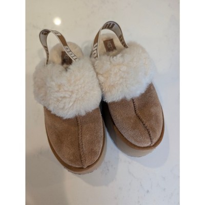 UGG Funkette Platform Slippers Chestnut Shearling Logo Strap Womens Size 7