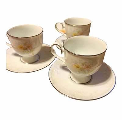 Noritake Ireland Vintage Floral Porcelain Tea Cup & Saucer Set White Gold 6 oz