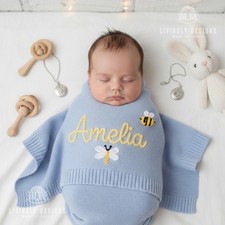 Personalized Bee Baby Blanket: Custom Embroidered Name Knit with Bee Dragonfly