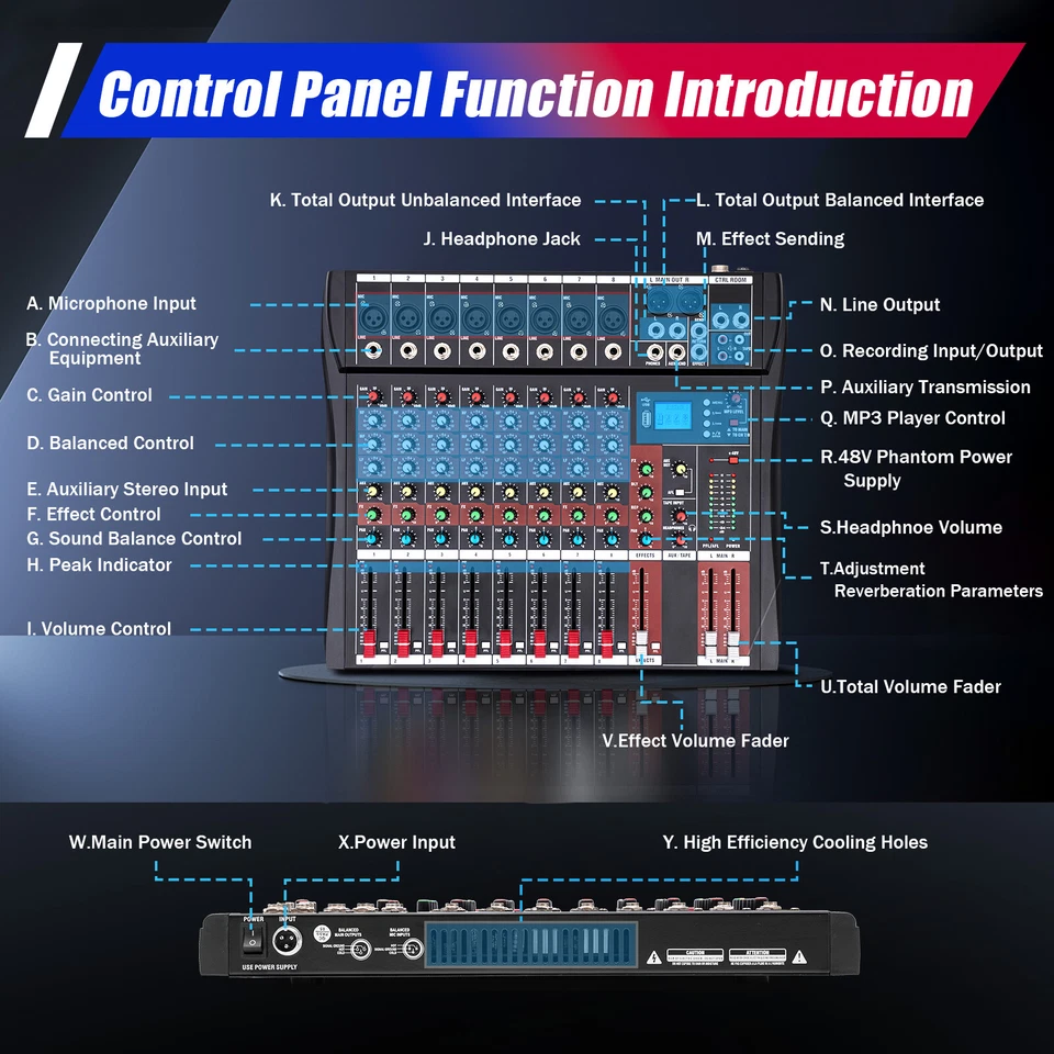 Pro 8 Channel Bluetooth Studio Audio Mixer Live Sound Mixing Console with USB - Image 3 of 4
