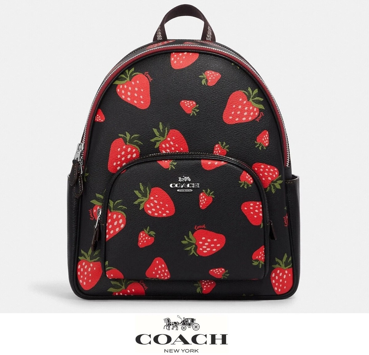 NWT Coach Court Backpack With Wild Strawberry Print Silver/Black NWT Coach Court Backpack With Wild Strawberry Print Silver/Black
