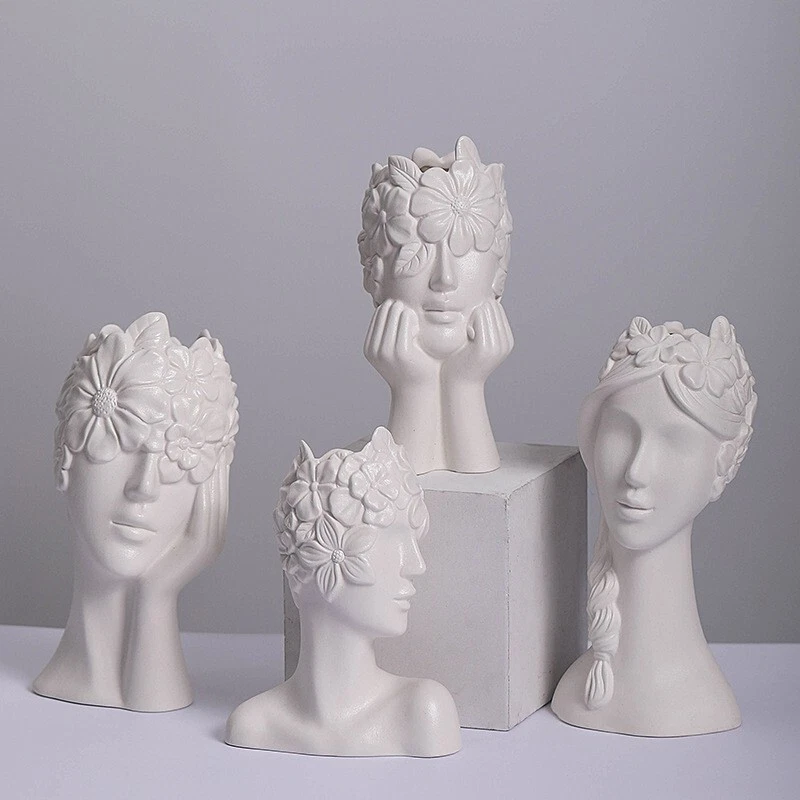 Female Head Ceramic Flower Vase White Modern Decoration Plant Pot Container