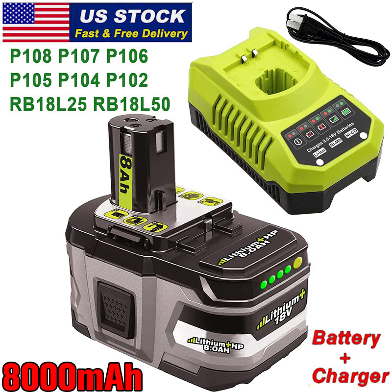 8.0Ah For RYOBI P108 18V OnePlus High Capacity Battery Lithium-Ion +P117 Charger