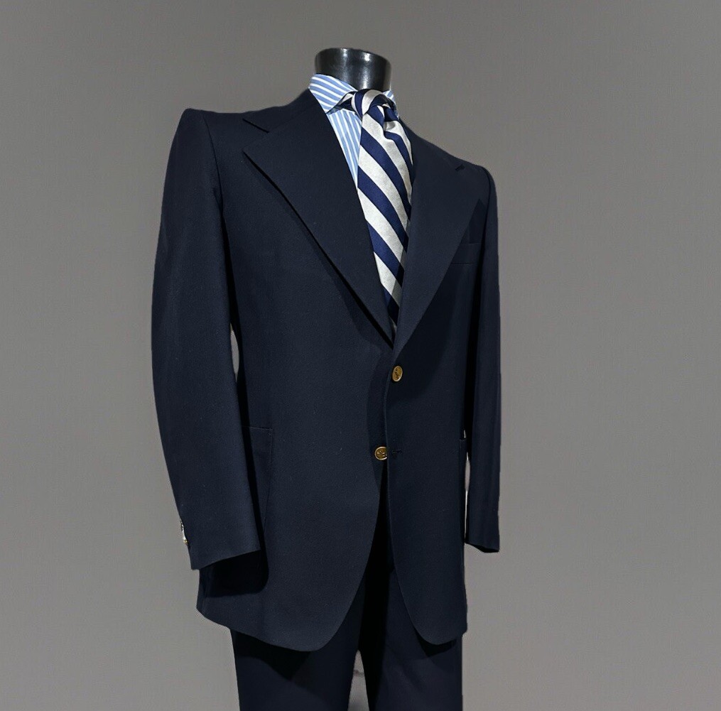 Tuta vintage Yves Saint Laurent YSL metallo bottoni blu lana twill piatto davanti 44 R