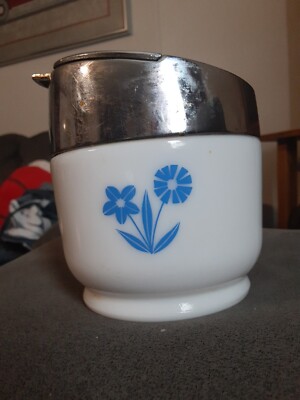 Vintage GEMCO USA White Milk Glass Sugar Bowl  Blue Floral Design 