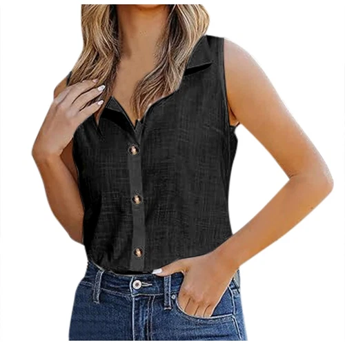 Damen Ärmellose Button Down Shirts Blusen Einfarbig Freizeit Leinen V Ausschnitt - Bild 22 von 39