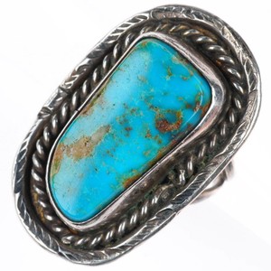 sz7.5 vintage Navajo sterling silver long ring with nice turquoise rope bezel