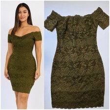 Guess Dress Size S (6) Off Shoulder Bodycon Olive Green Lace Overlay