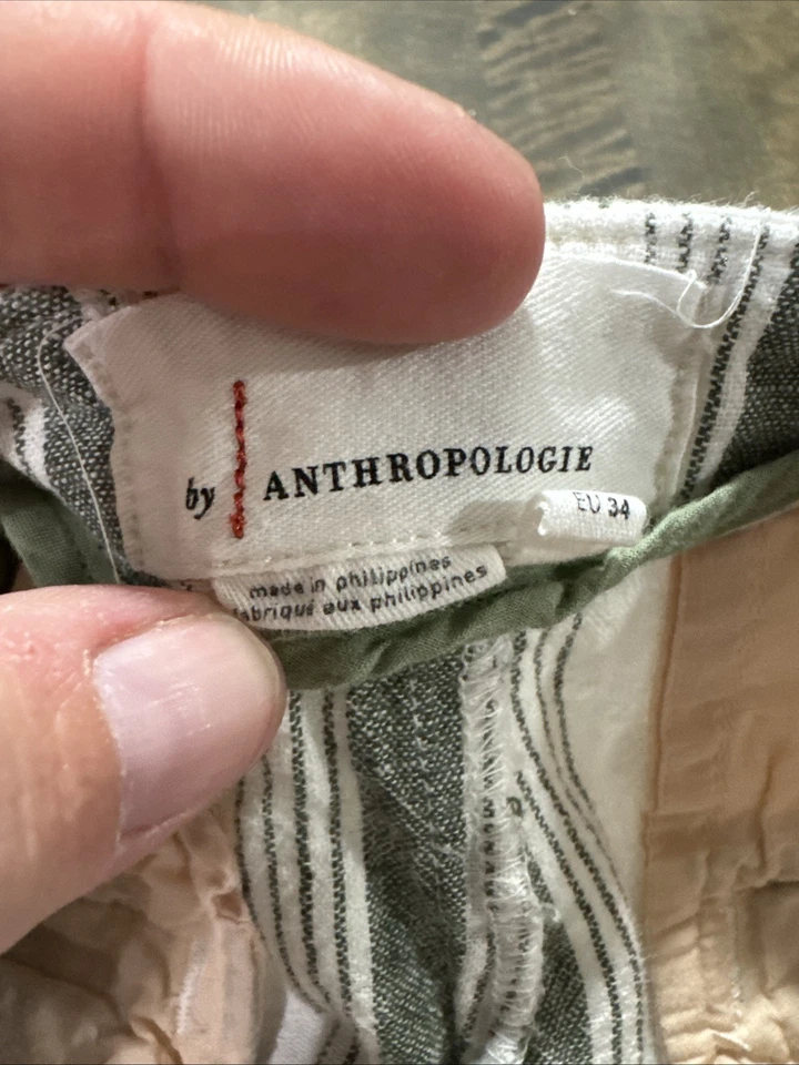Anthropologie Linen Blend High Waisted Shorts Sz 2 Gray/Green Striped Button Fly - Image 3 of 4