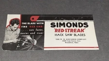 Simonds "Red Streak" Hack Saw Blades W.H. Kiefaber Co Carboard Print Ad Vintage