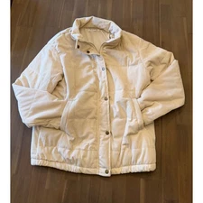Cream Corduroy Puffer Jacket Women Size M Collared Zip Snap