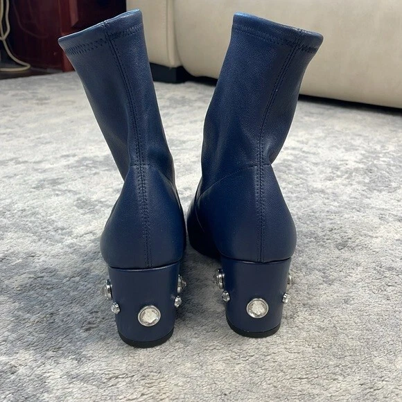 New Stuart Weitzman Allshine 60 Leather Sock Booties Crystal Stud Heels Navy 5.5