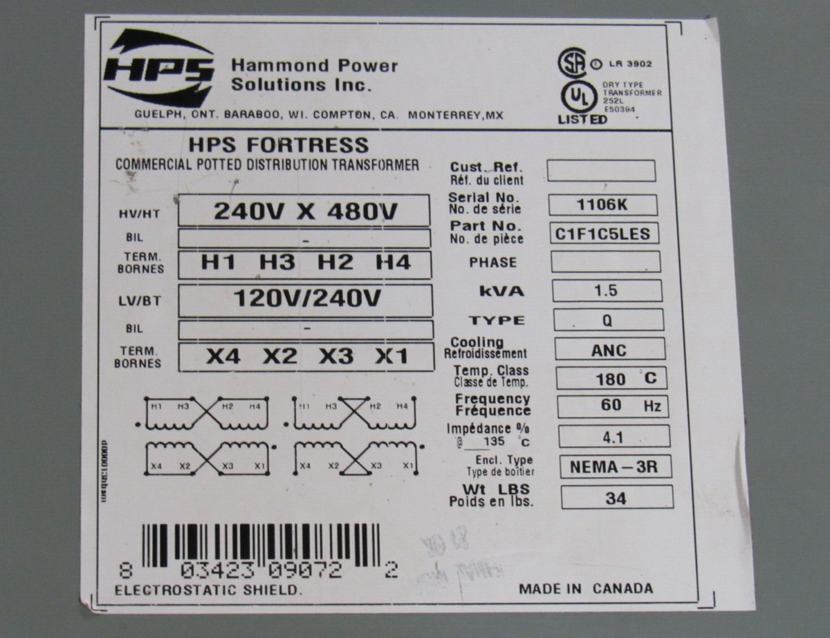 HAMMOND POWER SOLUTIONS HPS TRANSFORMER C1F1C5LES 1.5KVA 1PH