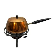 Vintage PERK Swiss Made Copper on Metal Fondue Set with Lid Sterno Metal Rack