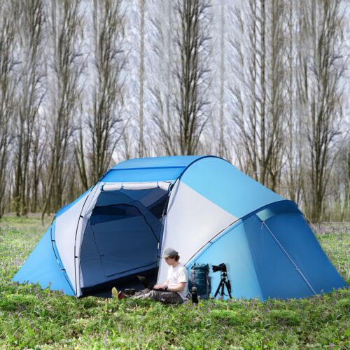 Outsunny Campingzelt Familienzelt mit 2 Schlafkabinen 4-6 Personen Blau - Bild 1 von 6