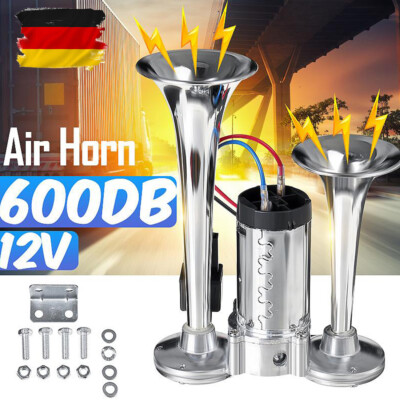 12V LKW Hupe Luft Horn 600DB Super Laut Doppelrohr Lufthorn Elektrische Auto KFZ