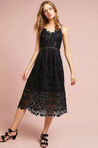 ANTHROPOLOGIE Eri + Ali Ariadne Black Lace Midi Dress
