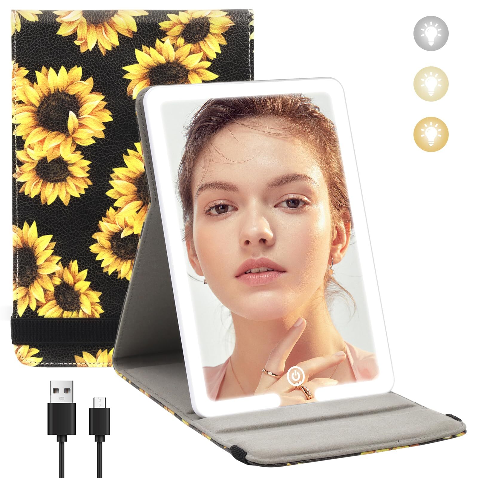 LED Makeup Mirror with 3-Color Lighting Portable PU Leather Travel Vanity Mirror-image