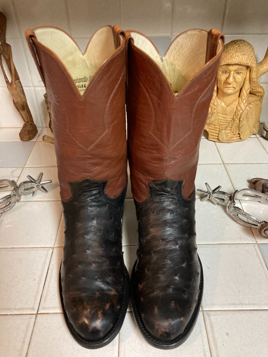 PANHANDLE SLIM DISTRESSED BLACK LEATHER OSTRICH WESTERN  display picture 2